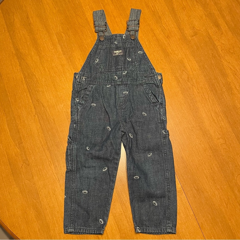 OshKosh B'gosh Kid 2T Football Embroidered Dark Wash Denim Bib Overalls Pockets